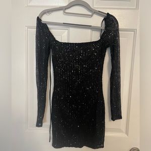 Iucy In The Sky square neck long sleeve black sequin homecoming dress